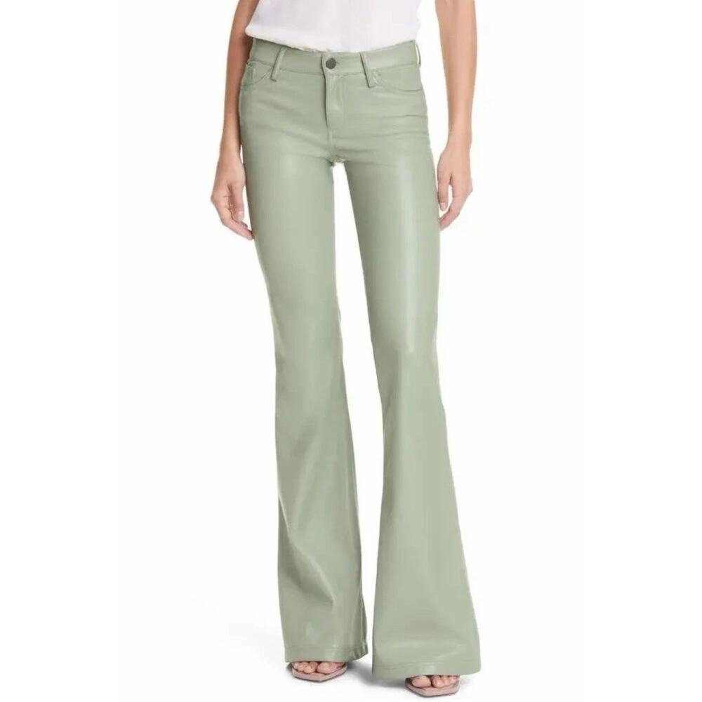 Alice + Olivia faux leather flared trousers 4 Sage green 70s icon Boho mid-rise
